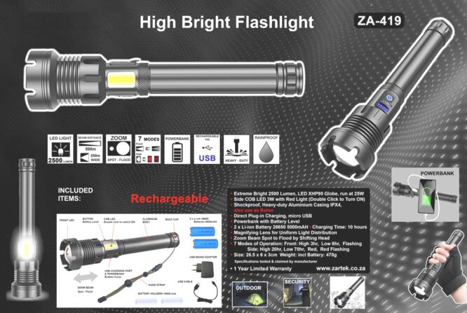 ZA 419 super BRIGHT 2500 LUMEN POWER FLASHLIGHT - Image 2