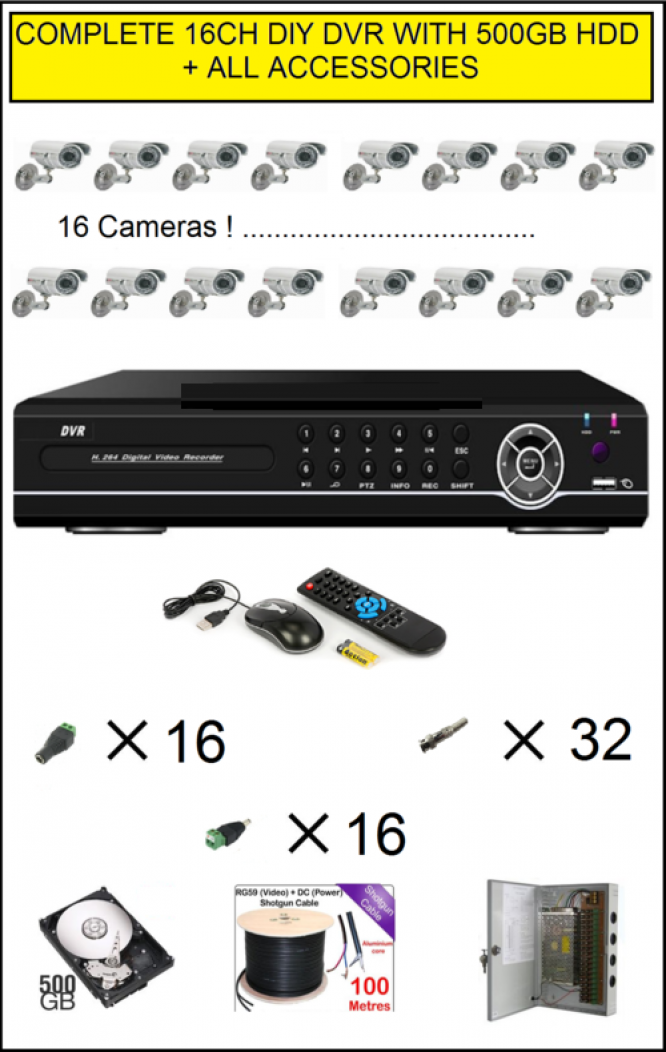COMPLETE 16CH DIY DVR WITH 500GB HDD+ 16 CAMERAS + CABLE & ACCESSORIES