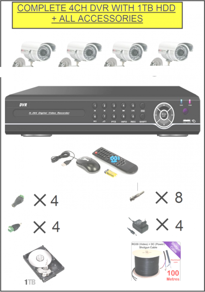 COMPLETE 4CH DIY DVR WITH 1TB HDD+ 4 CAMERAS + CABLE & ACCESSORIES