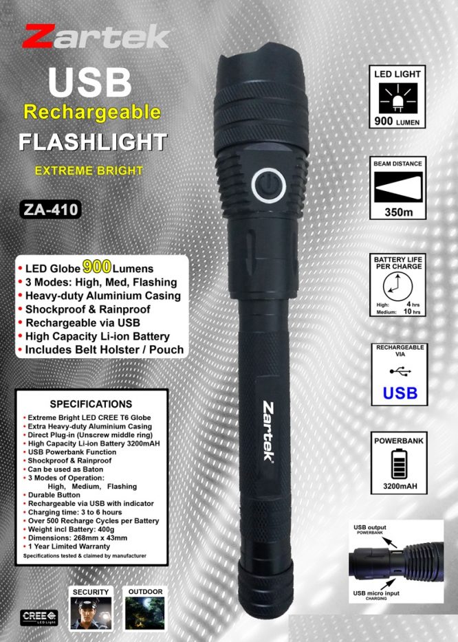ZA-410 LED Flashlight with USB Powerbank 900 Lumens