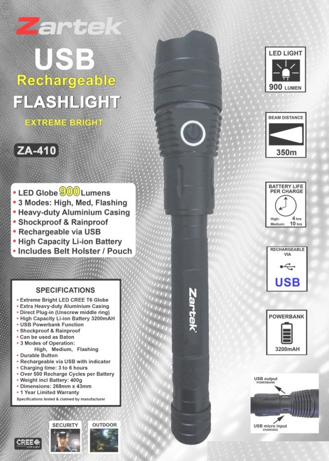 ZA-410 LED Flashlight with USB Powerbank 900 Lumens - Image 2