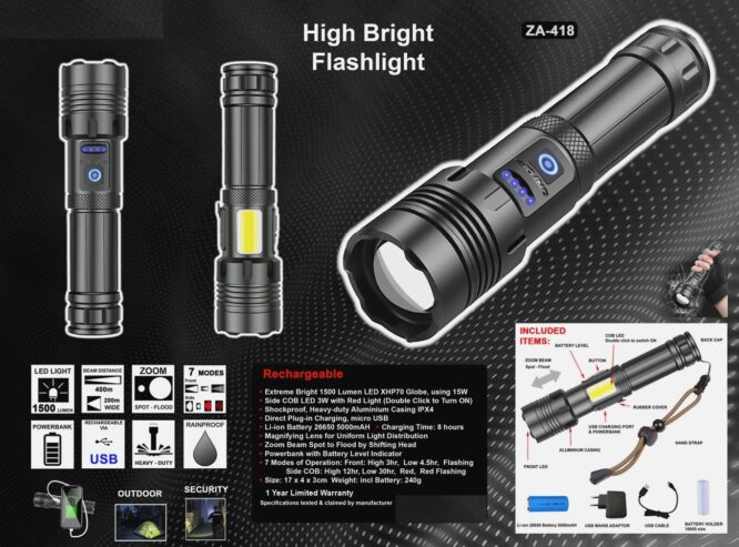 ZA - 418 Very Bright Flashlight 1500 Lumans Rechargeable - Image 3