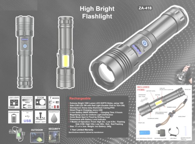 ZA - 418 Very Bright Flashlight 1500 Lumans Rechargeable